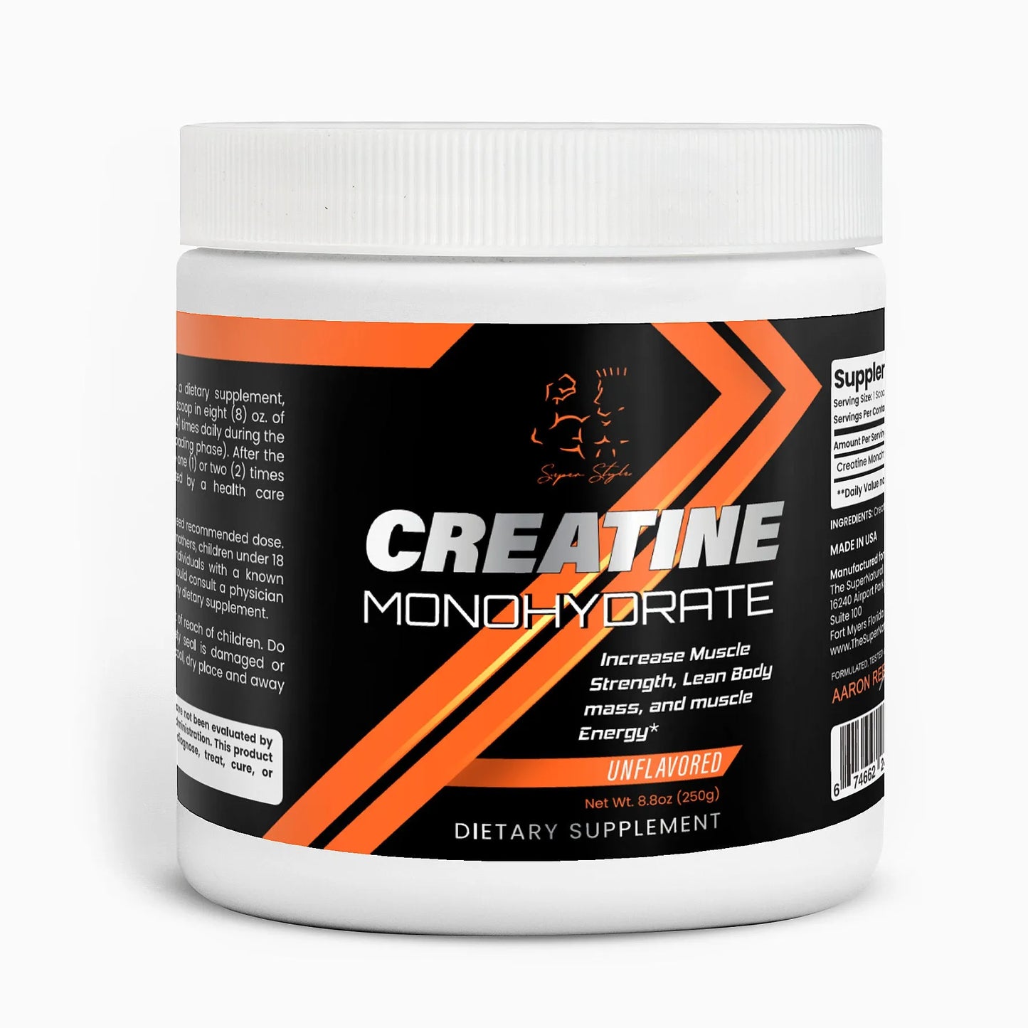 Super Style Creatine Monohydrate supplement jar with black and orange label, 250g unflavored powder.