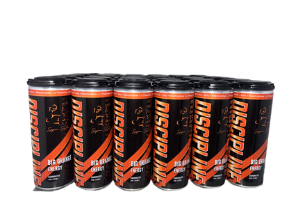 Twelve cans of Super Style Discipline Big Orange Energy drink arranged in rows, featuring bold orange and black design with electrolytes, L-theanine, and caffeine for enhanced focus and performance.