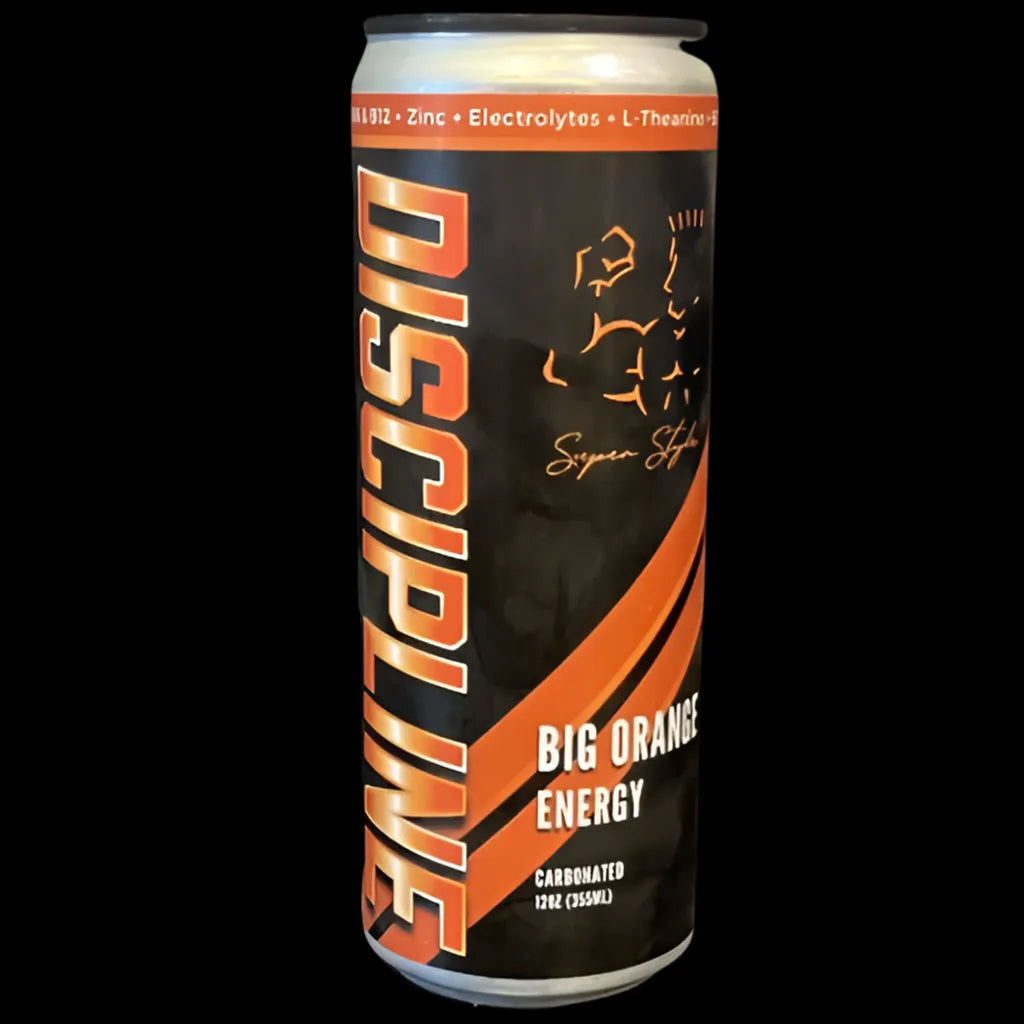 Super Style Discipline Big Orange Energy drink can with electrolytes, vitamins, and L-Theanine, promoting focus, hydration, and clean energy.