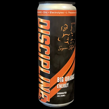 Super Style Discipline Big Orange Energy drink can with electrolytes, vitamins, and L-Theanine, promoting focus, hydration, and clean energy.