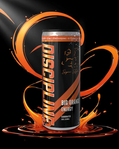 Super Style Discipline Big Orange Energy drink can with orange liquid splash on a dark background, showcasing vibrant energy, focus, and performance boost.