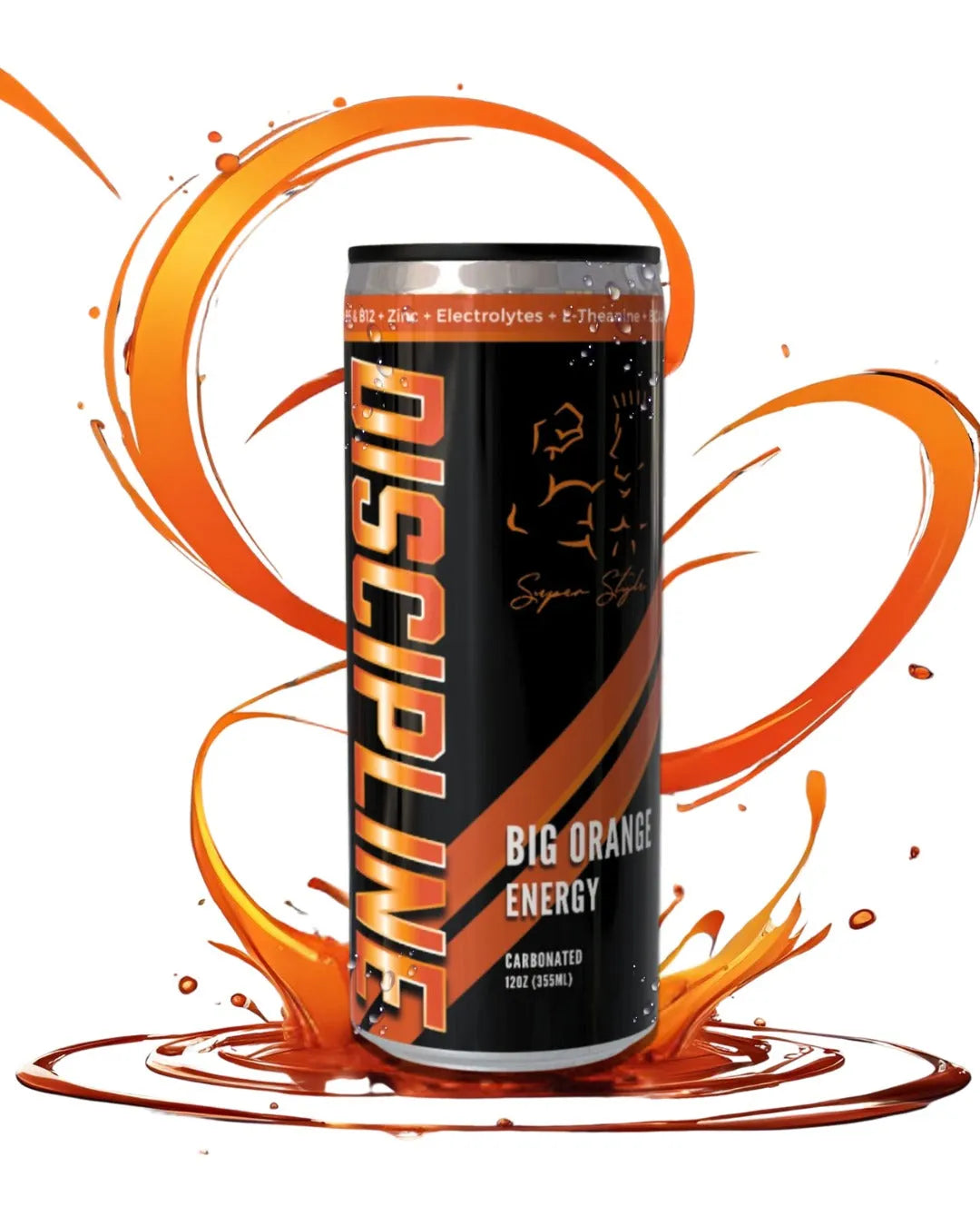 Super Style Discipline Big Orange Energy drink can with dynamic orange liquid splash, highlighting vibrant energy, hydration, and focus support.