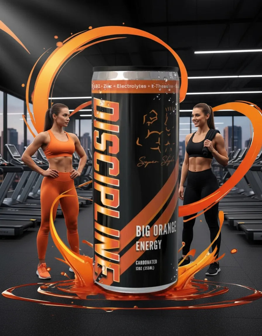 Super Style Discipline Big Orange Energy drink can with splash effect and two women in gym background