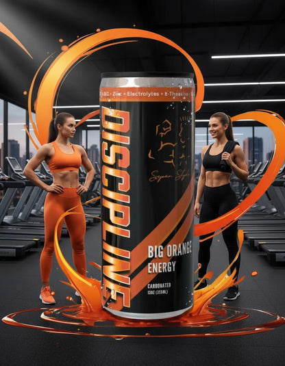 Super Style Discipline Big Orange Energy drink can with splash effect and two women in gym background