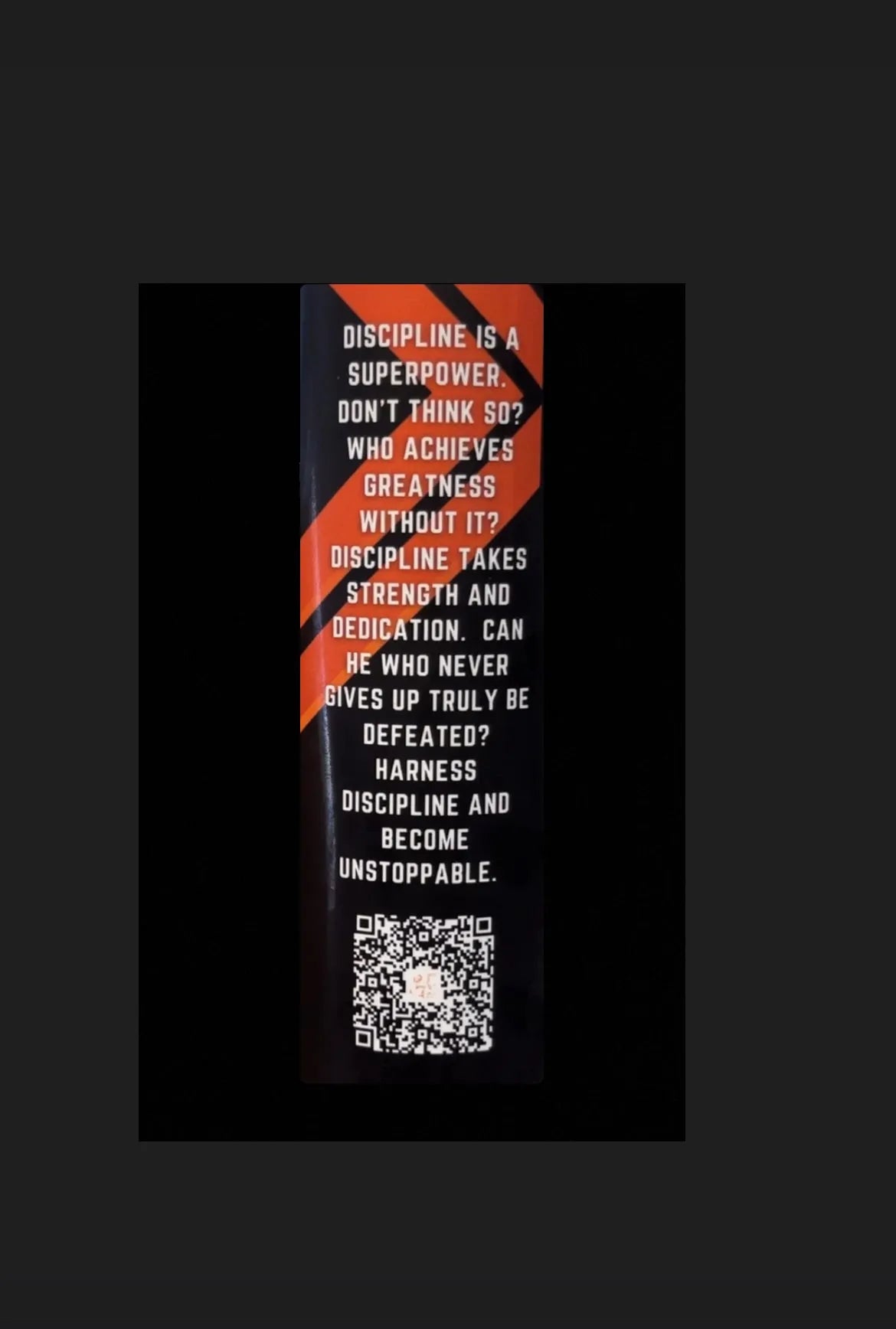 Motivational Super Style banner featuring the quote “Discipline is a superpower” in bold text with red accents and a QR code at the bottom, promoting strength, dedication, and an unstoppable mindset.