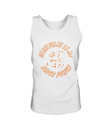 White Super Style tank top with simple orange Super Style logo on chest.