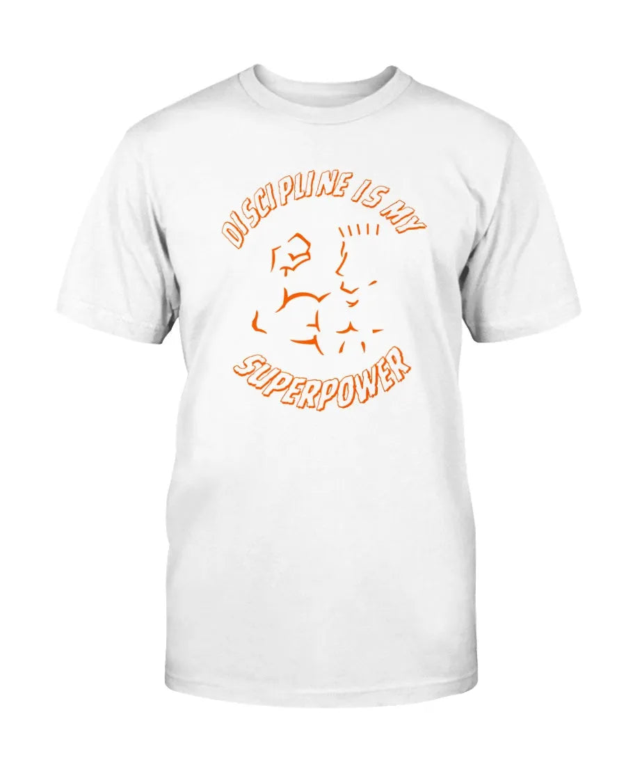 White Discipline Is My Superpower graphic tee front view on fitted cotton crew