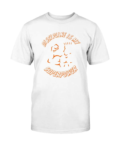 White Discipline Is My Superpower graphic tee front view on fitted cotton crew