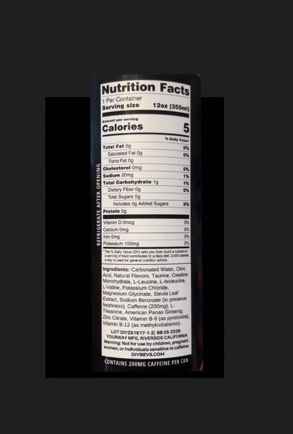 Close-up of Super Style energy drink nutrition facts label showing calories, ingredients, caffeine content, and supplement information for a 12oz can.
