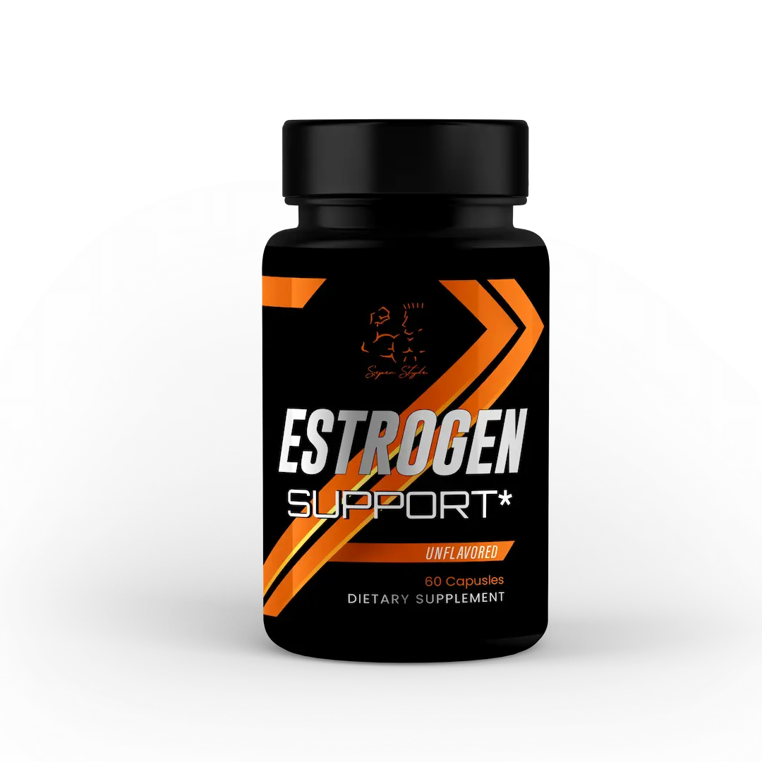 Super Style Estrogen Support supplement bottle with black and orange label