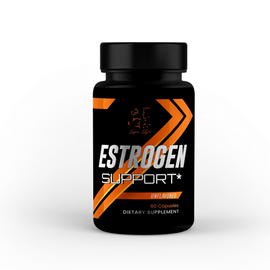 Super Style Estrogen Support supplement bottle with black and orange label