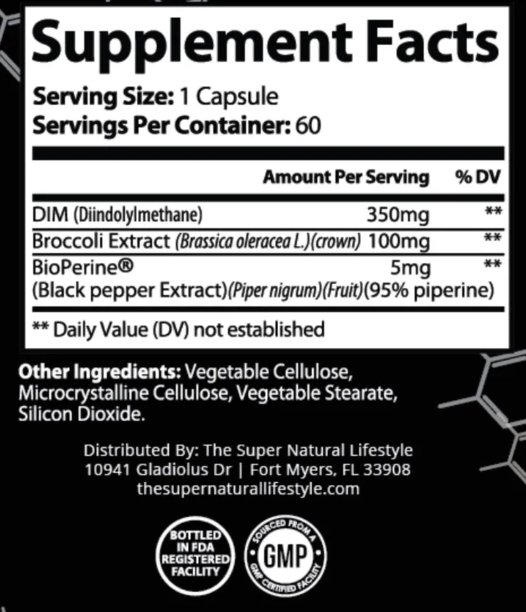 Supplement Facts label for Super Style Estrogen Support showing DIM, broccoli extract, and BioPerine amounts