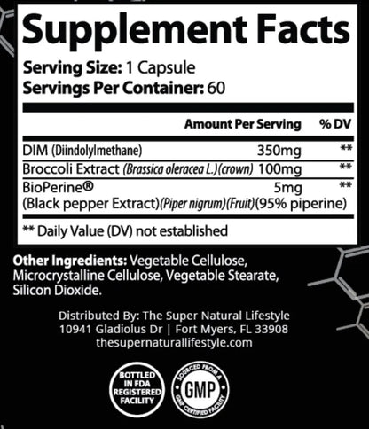 Supplement Facts label for Super Style Estrogen Support showing DIM, broccoli extract, and BioPerine amounts