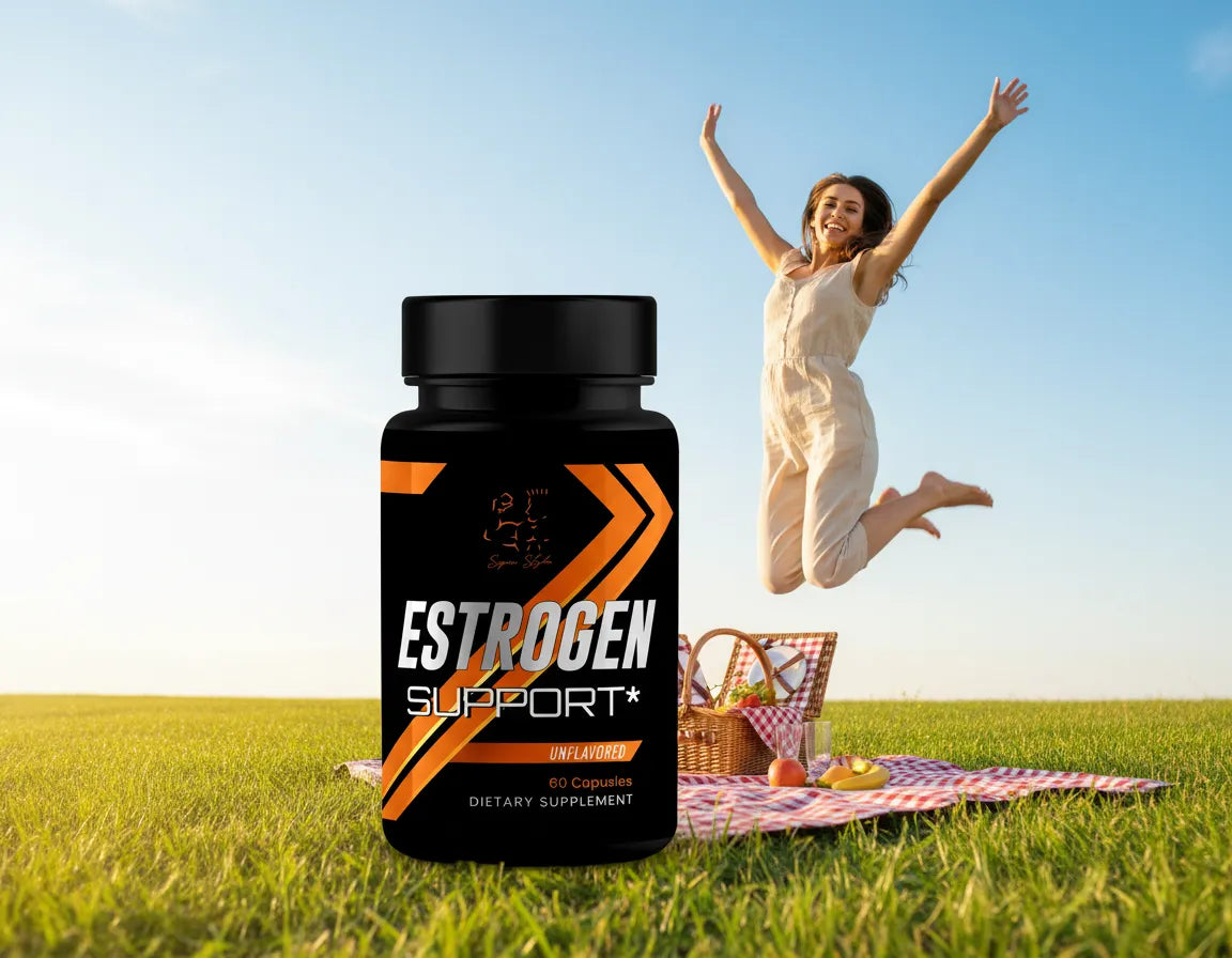 Super Style Estrogen Support supplement bottle with woman jumping happily outdoors near picnic setup
