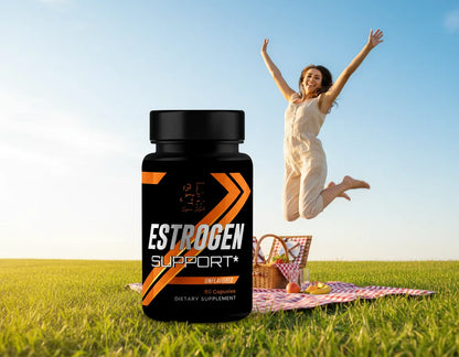 Super Style Estrogen Support supplement bottle with woman jumping happily outdoors near picnic setup