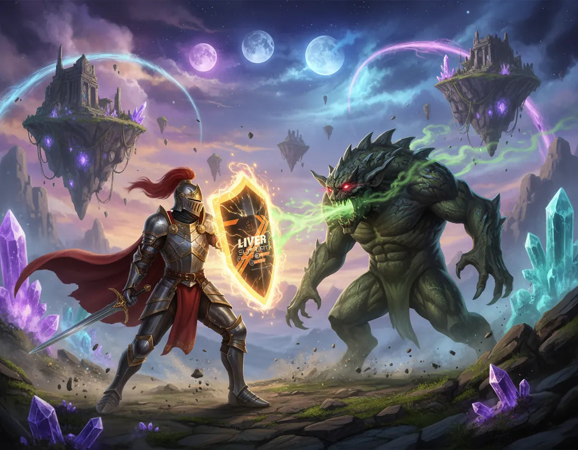 Epic fantasy artwork of a knight in shining armor with a glowing shield battling a green monster under a cosmic sky, designed in Super Style’s imaginative digital art aesthetic.