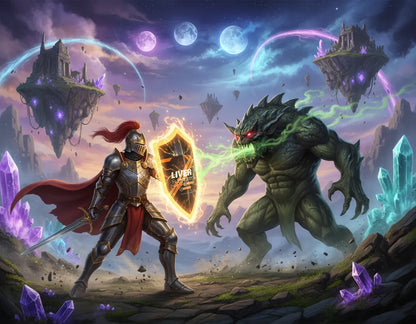 Epic fantasy artwork of a knight in shining armor with a glowing shield battling a green monster under a cosmic sky, designed in Super Style’s imaginative digital art aesthetic.