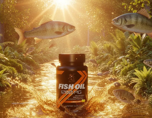 Super Style Fish Oil 1200mg supplement bottle in golden river scene with fish jumping from water