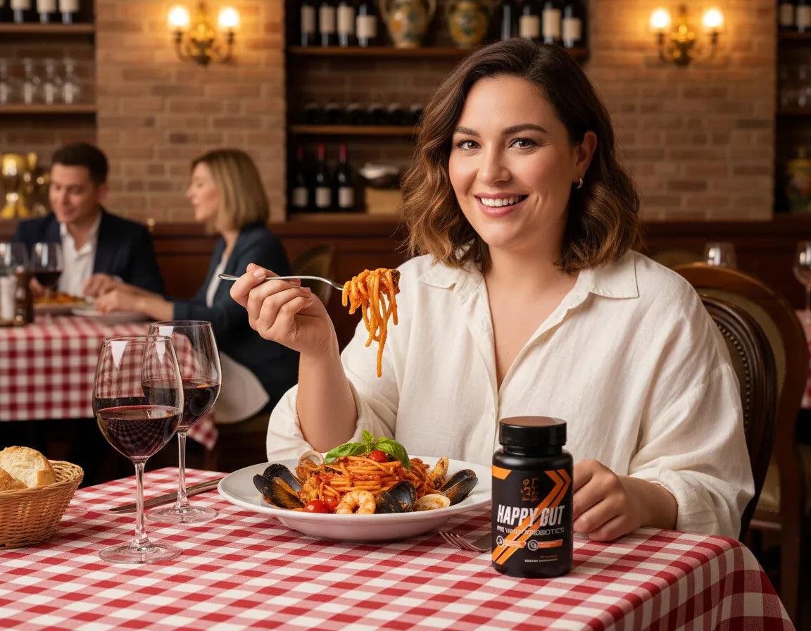 Woman enjoying pasta at restaurant with Super Style Happy Gut probiotic supplement bottle on table