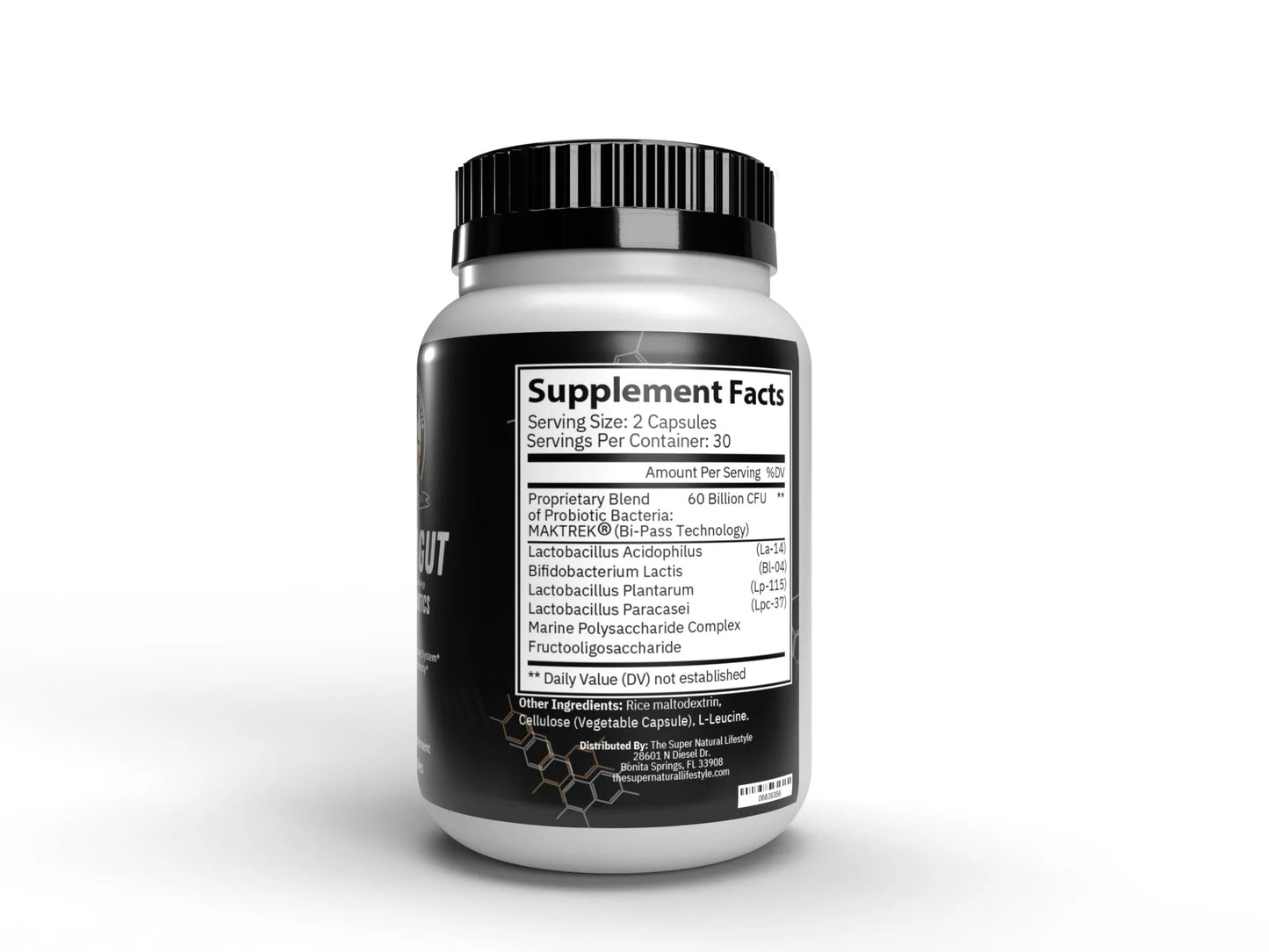 Back label of Super Style Happy Gut With Prebiotics bottle showing directions and warnings.