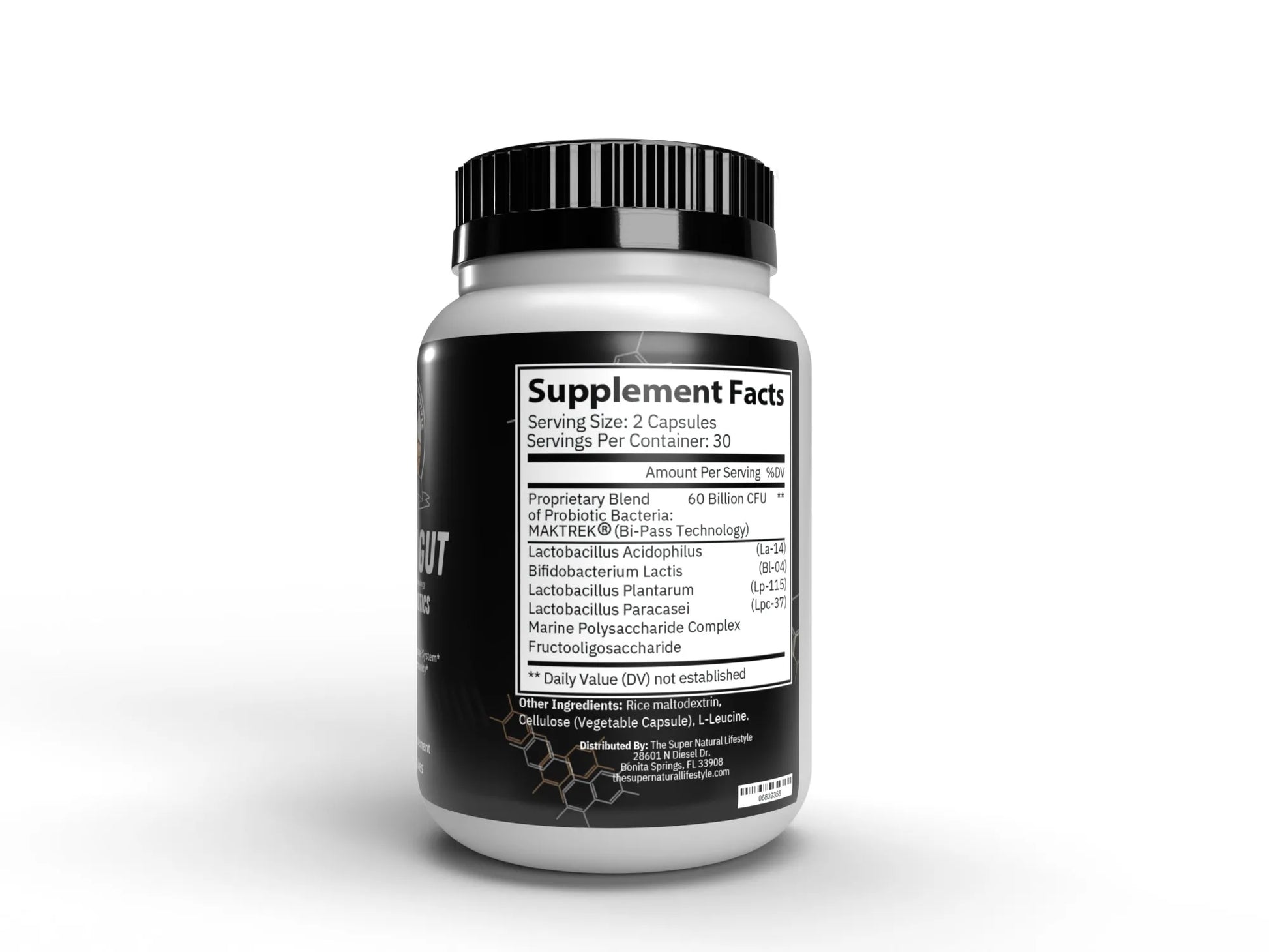 Back label of Super Style Happy Gut With Prebiotics bottle showing directions and warnings.