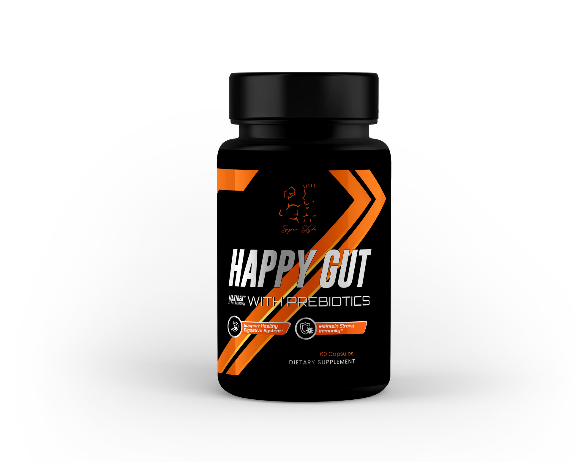Super Style Happy Gut With Prebiotics supplement bottle front label showing orange design and logo.