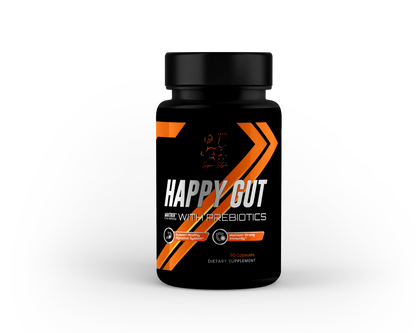 Super Style Happy Gut With Prebiotics supplement bottle front label showing orange design and logo.