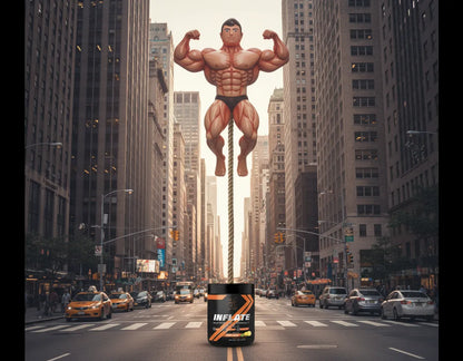 INFLATE pre-workout tub in city street with giant flexing bodybuilder