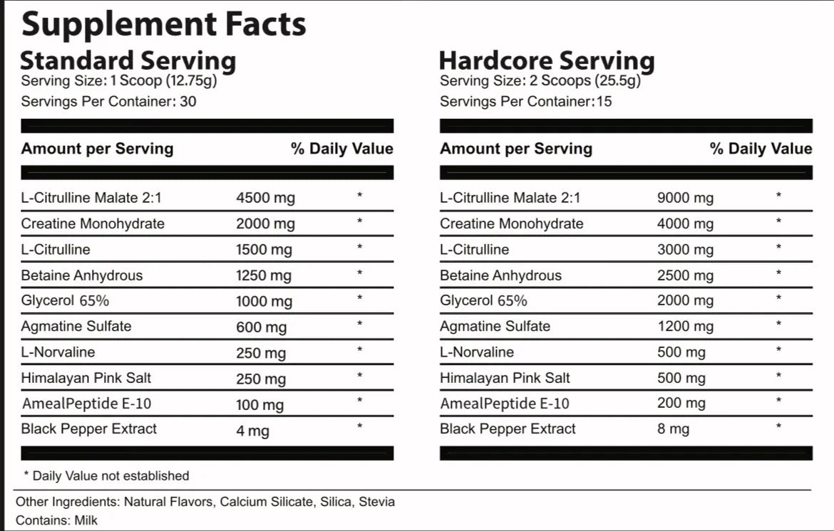 Supplement Facts for INFLATE pre-workout standard and hardcore servings.