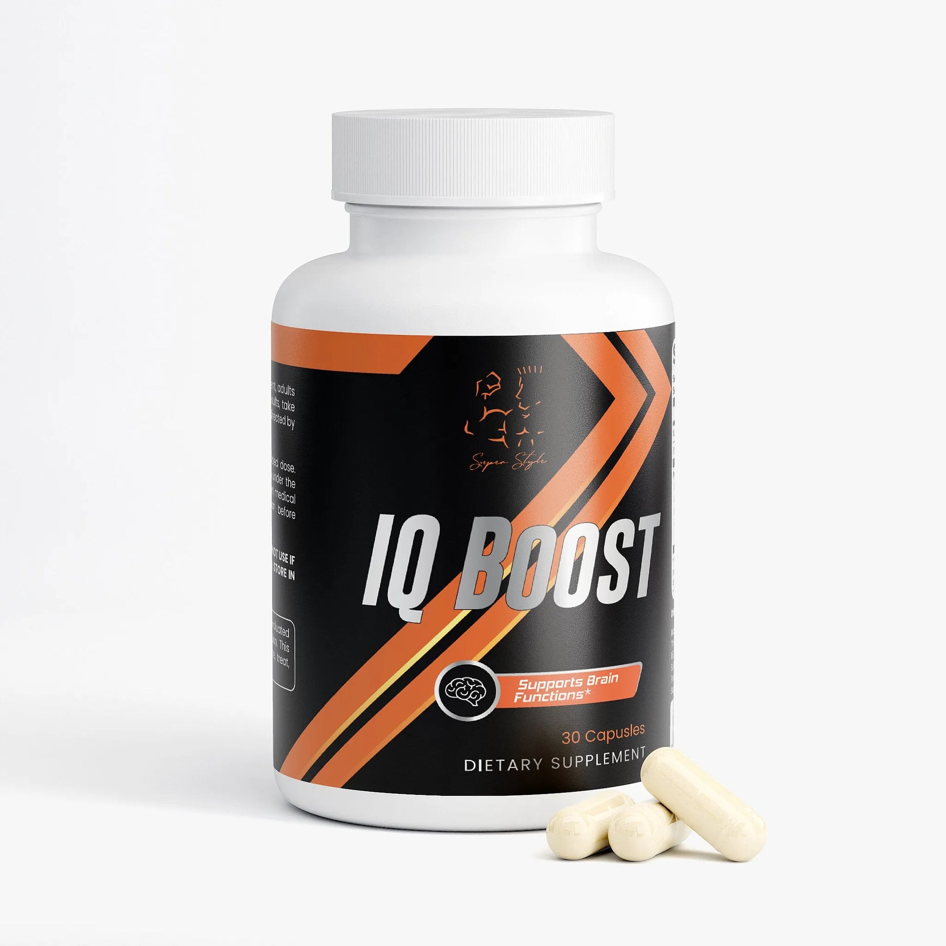 IQ Boost brain support capsules spilling from supplement bottle