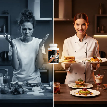 Person with a bottle labeled 'IQ BOOST' in a kitchen setting, transitioning to a chef with plated dishes.