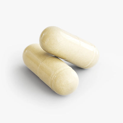 Two beige capsules on a white background