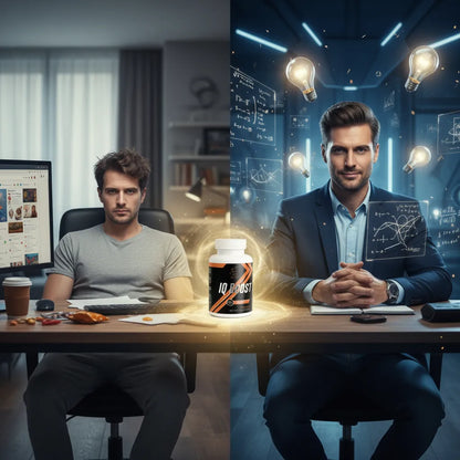 Man transforming from tired to focused at desk with IQ Boost brain support supplement