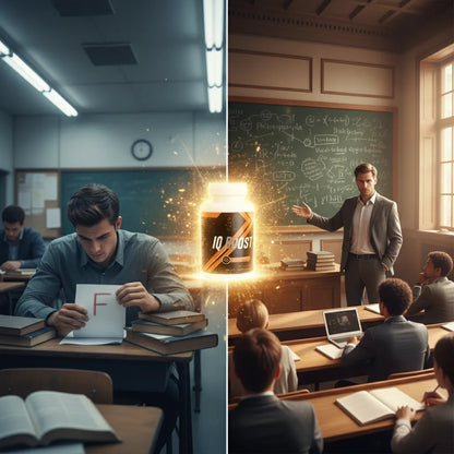 Collage of a student with an 'F' grade, a teacher in a classroom, and a product labeled 'IQ BOOST'.