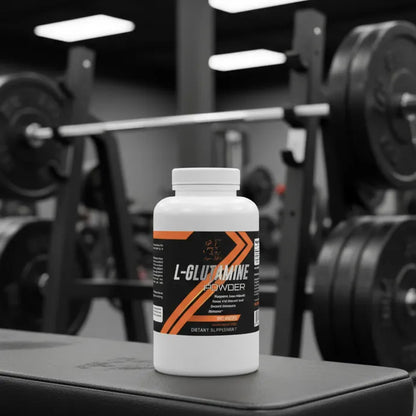 Super Style L-Glutamine powder supplement bottle on gym bench with weights in background