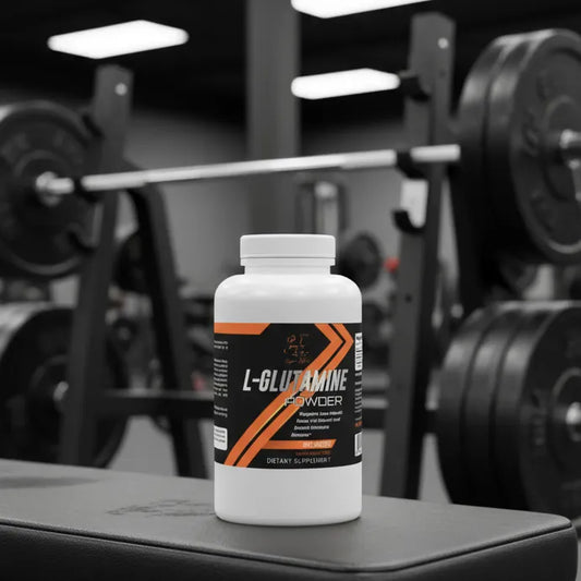 Super Style L-Glutamine powder supplement bottle on gym bench with weights in background