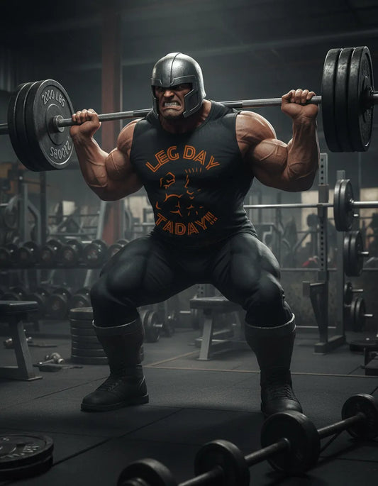 Muscular athlete wearing Super Style “Leg Day Today” tank top lifting heavy barbell in gym