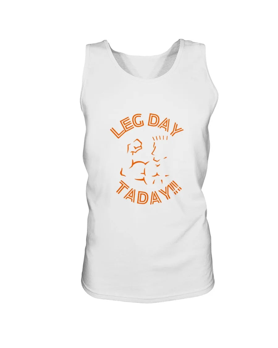 White Super Style Leg Day Taday tank top with orange graphic.
