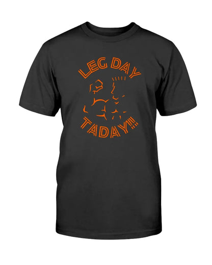 Front view of black Super Style t-shirt with orange “Leg Day Today” gym design