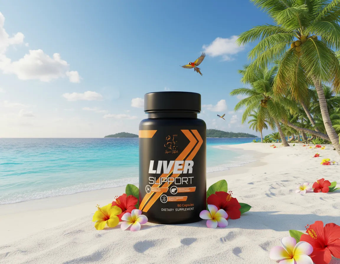 Super Style Liver Support supplement bottle on tropical beach surrounded by palm trees and hibiscus flowers

Why it’s