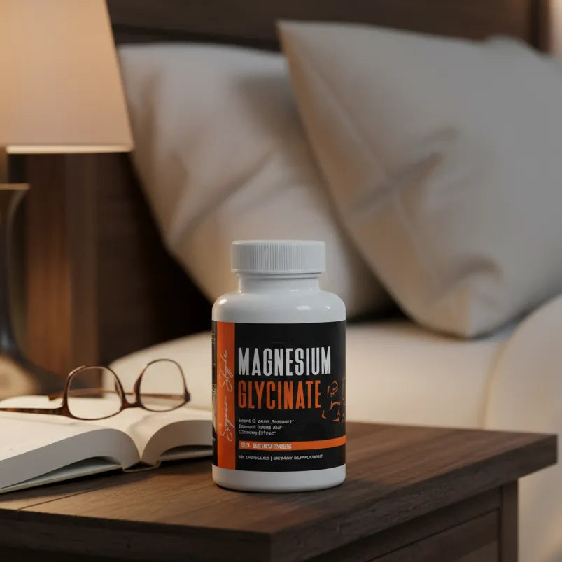 Super Style Magnesium Glycinate supplement bottle on wooden nightstand beside book and reading glasses