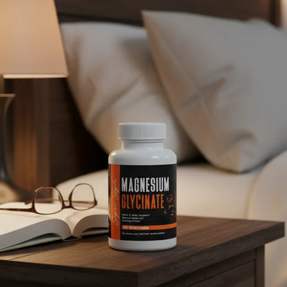 Super Style Magnesium Glycinate supplement bottle on wooden nightstand beside book and reading glasses