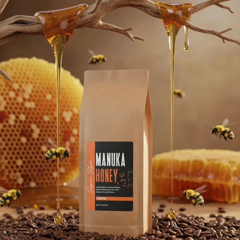 Super Style Manuka Honey coffee bag surrounded by honeycombs, dripping honey, and bees
