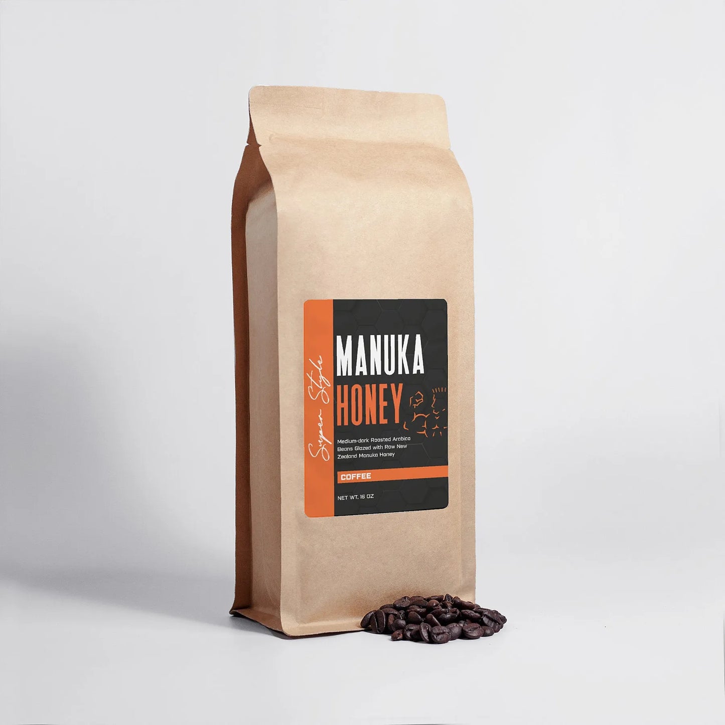 Super Style Manuka Honey Coffee in a brown kraft bag with black and orange label, featuring premium roasted coffee beans infused with natural manuka honey flavor for a rich, energizing brew.