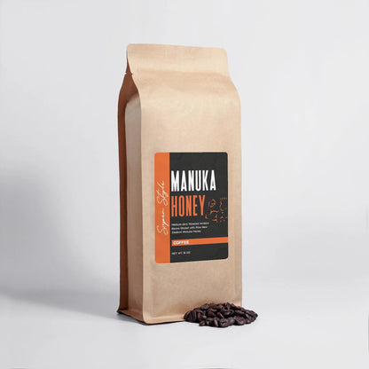 Super Style Manuka Honey Coffee in a brown kraft bag with black and orange label, featuring premium roasted coffee beans infused with natural manuka honey flavor for a rich, energizing brew.
