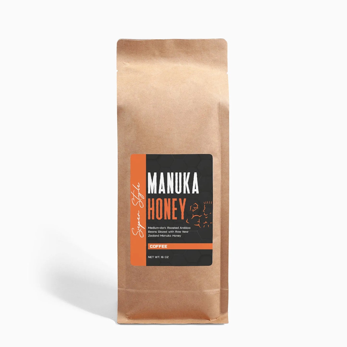 Front view of Super Style Manuka Honey Coffee packaging in a brown kraft bag with bold black and orange label, featuring a premium honey-infused roast designed for energy and focus.