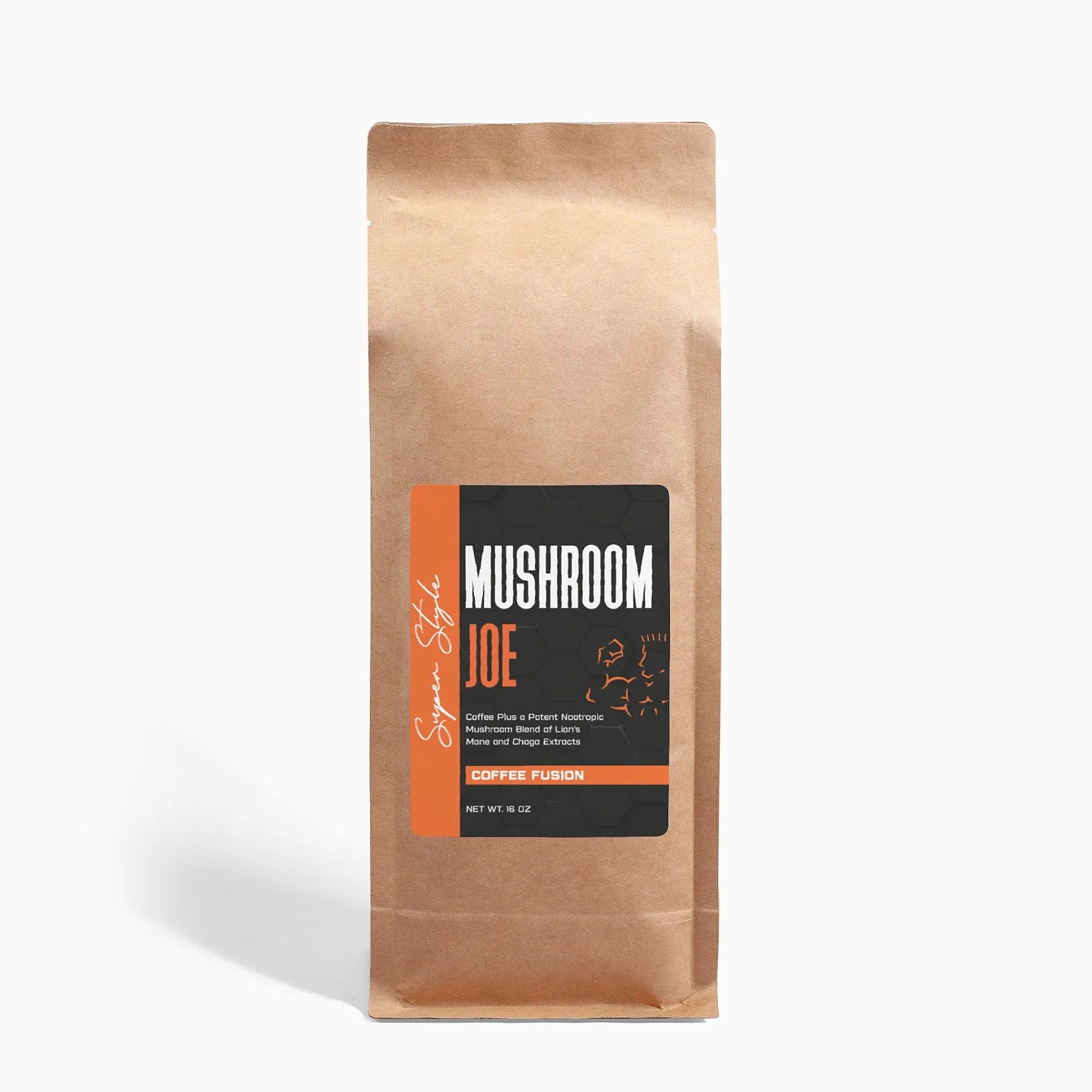 A package of Mushroom Joe Coffee Fusion featuring a blend of arabica coffee, lion's mane mushroom powder, and chaga mushroom powder. The package is colored brown with product labeling in white and orange.