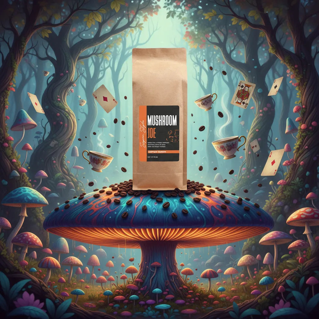 Super Style Mushroom Joe coffee bag surrounded by floating cups and cards on a giant mushroom in a fantasy forest scene