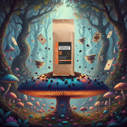 Super Style Mushroom Joe coffee bag surrounded by floating cups and cards on a giant mushroom in a fantasy forest scene