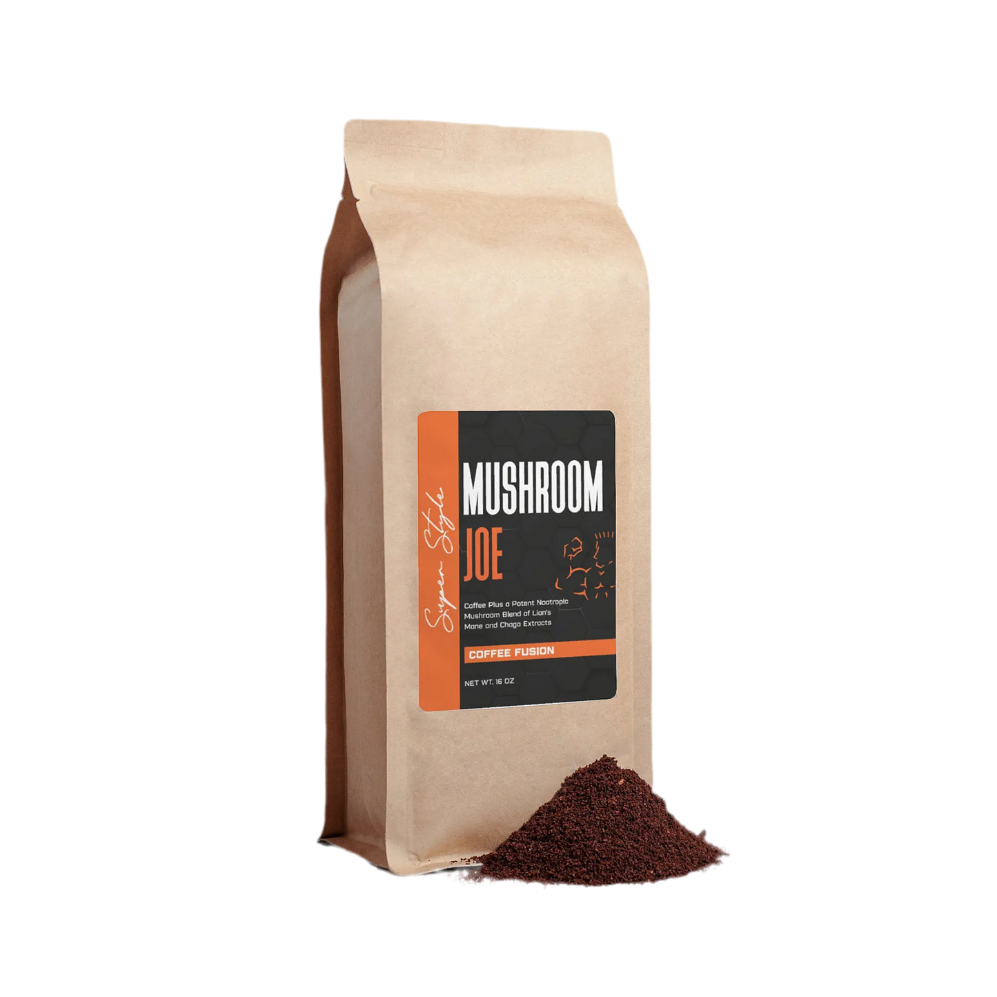 Super Style Mushroom Joe Coffee Fusion bag with ground coffee beside it, featuring an adaptogenic mushroom blend designed to boost focus, energy, and wellness.
